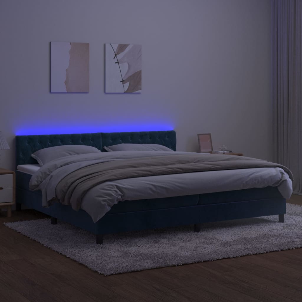 vidaXL Lova su spyruoklėmis/čiužiniu/LED, mėlyna, 200x200cm, aksomas