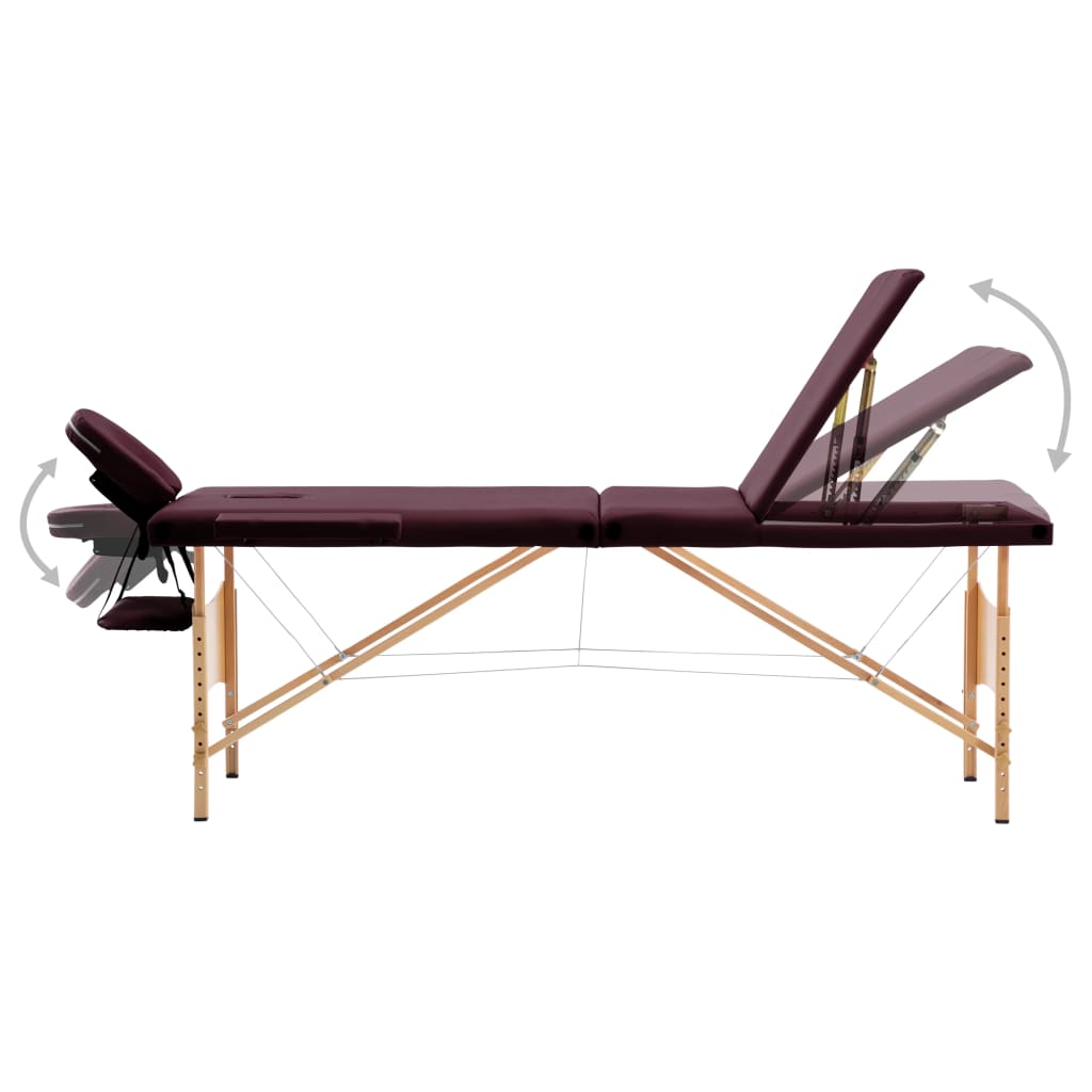 vidaXL Sulankstomas masažo stalas, vyno violetinis, mediena, 3 zonų