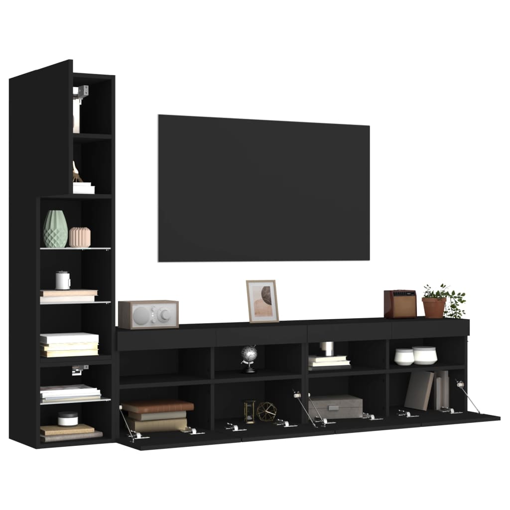 vidaXL Sieninė TV sekcija su LED, 4 dalių, juoda, apdirbta mediena