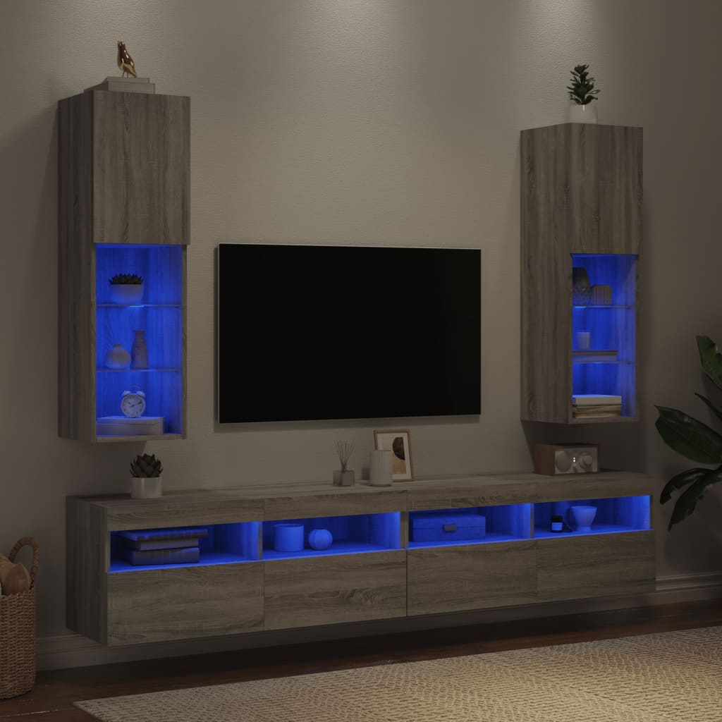 vidaXL TV spintelės su LED, 2vnt., pilkos ąžuolo, 30,5x30x102cm