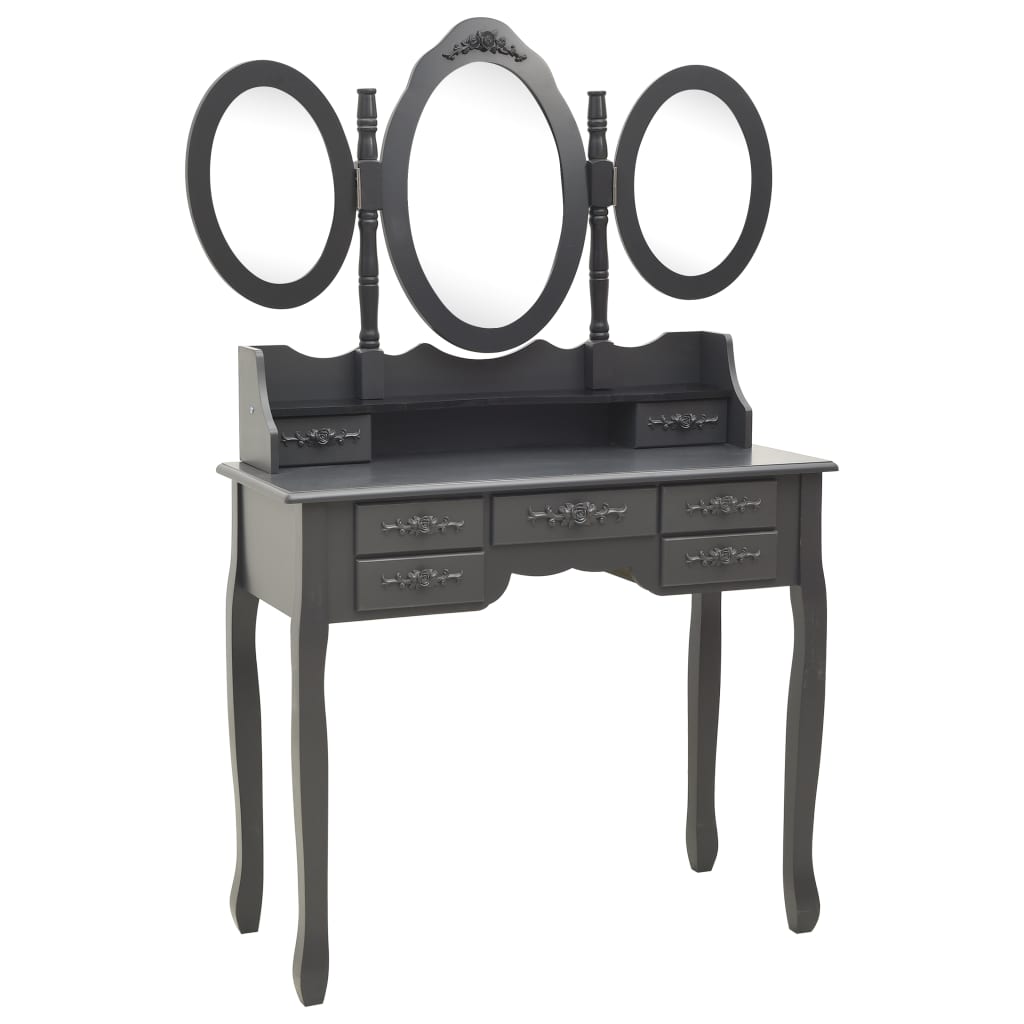 vidaXL Kosmetinis staliukas su kėdute ir 3 veidrodžiais, pilkas