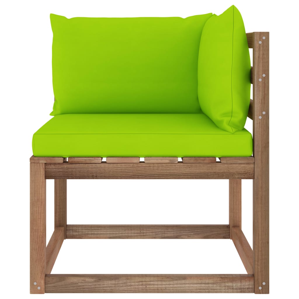 vidaXL Kampinė sodo sofa iš palečių su šviesiai žaliomis pagalvėlėmis