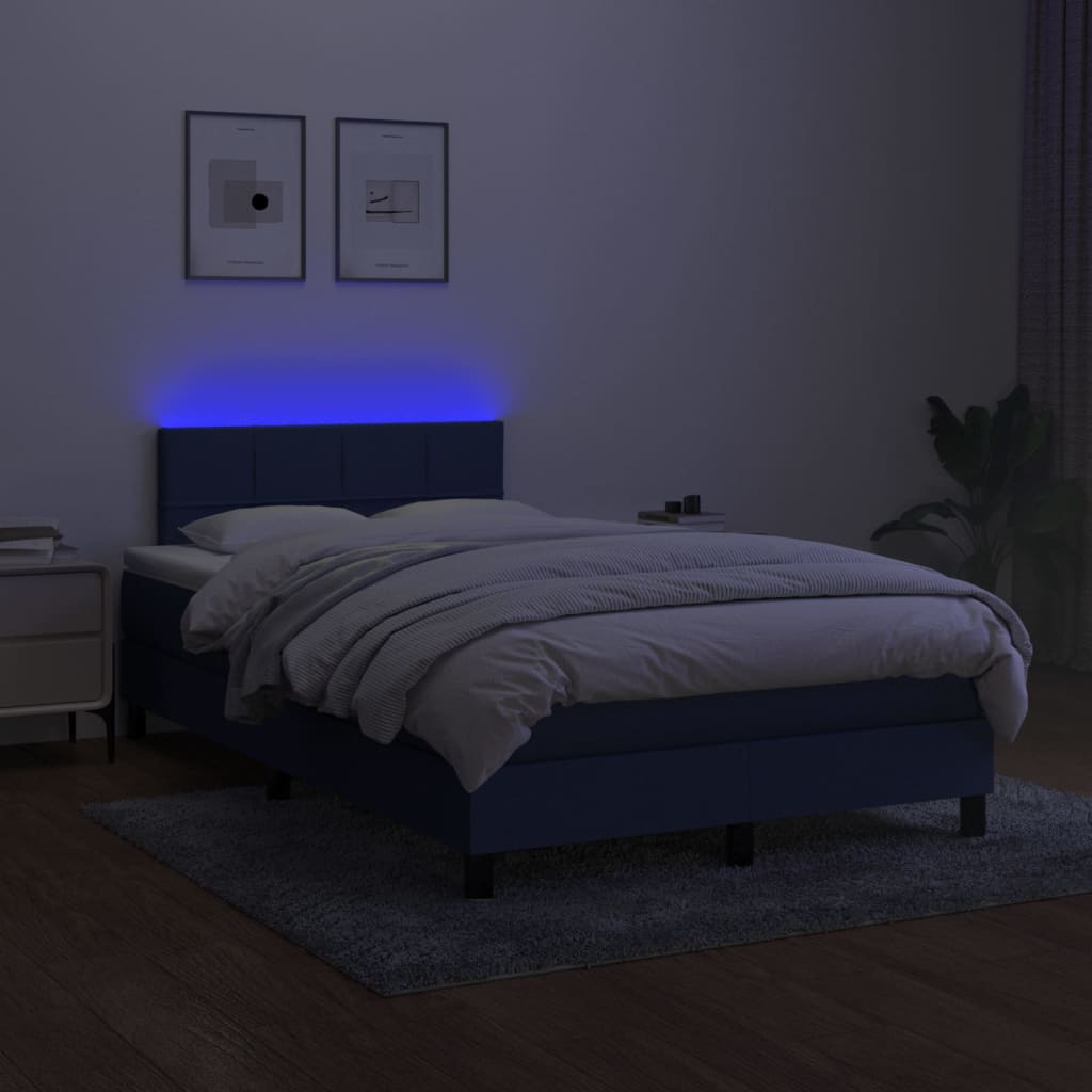 vidaXL Lova su spyruoklėmis/čiužiniu/LED, mėlyna, 120x200cm, audinys