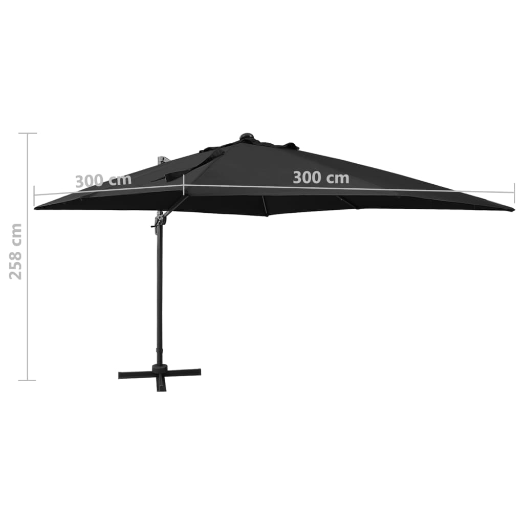 vidaXL Gembės formos skėtis su stulpu ir LED lemputėmis, juodas, 300cm