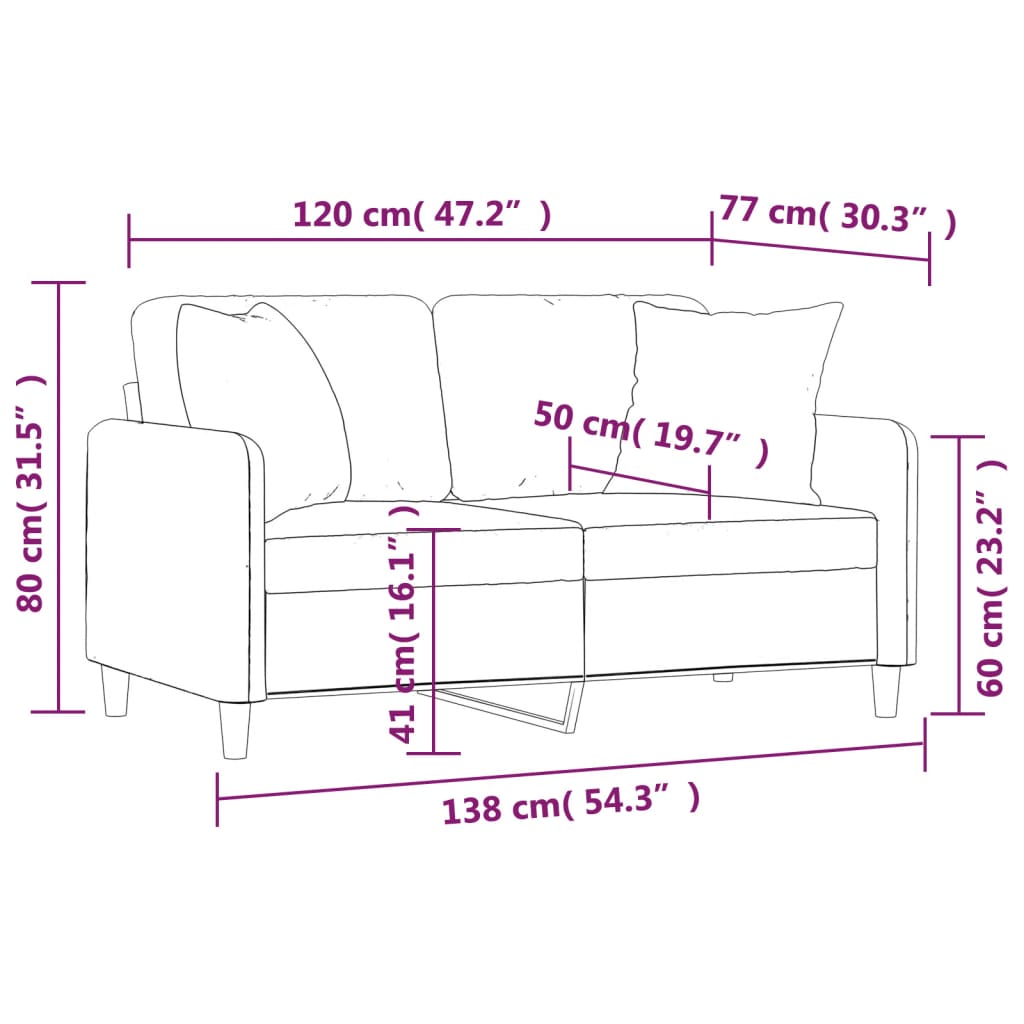vidaXL Dvivietė sofa su pagalvėlėmis, kreminės spalvos, 120cm, audinys