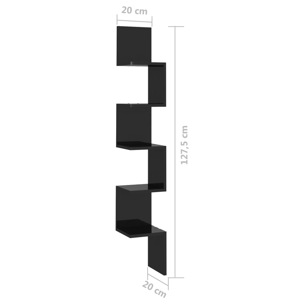 vidaXL Sieninė kampinė lentyna, juoda, 20x20x127,5cm, MDP, ypač blizgi