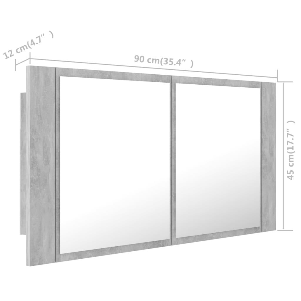 vidaXL Veidrodinė vonios spintelė su LED, betono, 90x12x45cm, akrilas