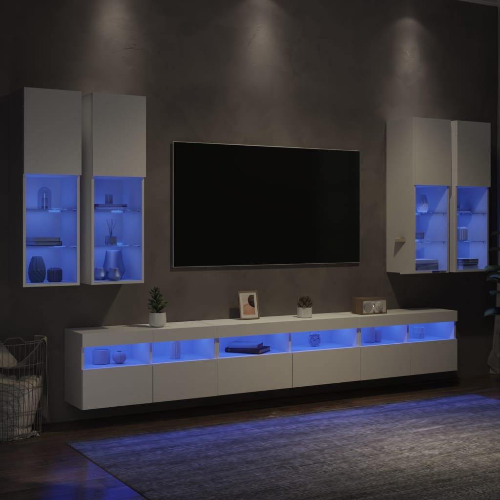 vidaXL Sieninės TV spintelės su LED lemputėmis, 7vnt., baltos spalvos