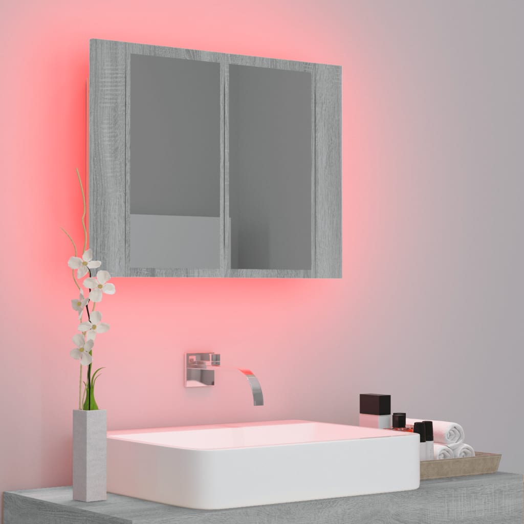 vidaXL Veidrodinė LED vonios spintelė, pilka, 60x12x45cm, mediena