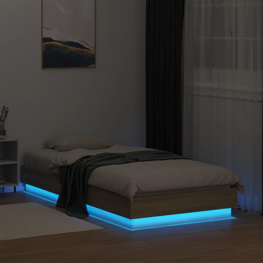 vidaXL Lovos rėmas su LED lemputėmis, sonoma ąžuolo spalvos, 90x190cm