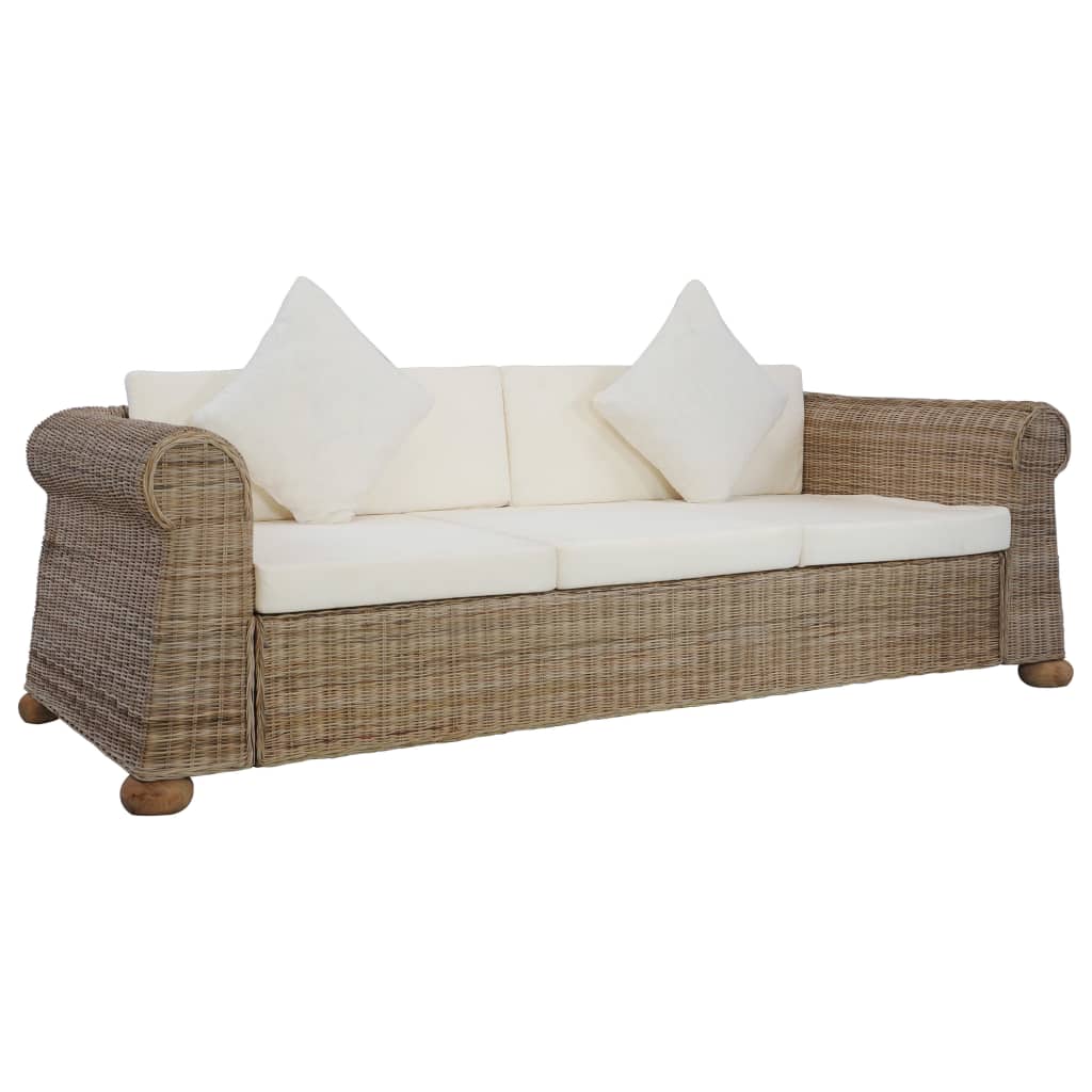 vidaXL Trivietė sofa su pagalvėlėmis, natūralios spalvos, ratanas