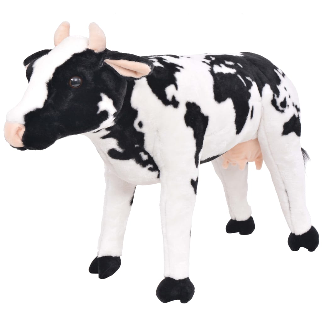 vidaXL Stovintis pliušinis žaislas karvė, juodas ir baltas, XXL