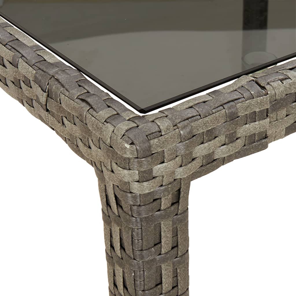vidaXL Sodo stalas, pilkas, 90x90x75cm, grūdintas stiklas/poliratanas