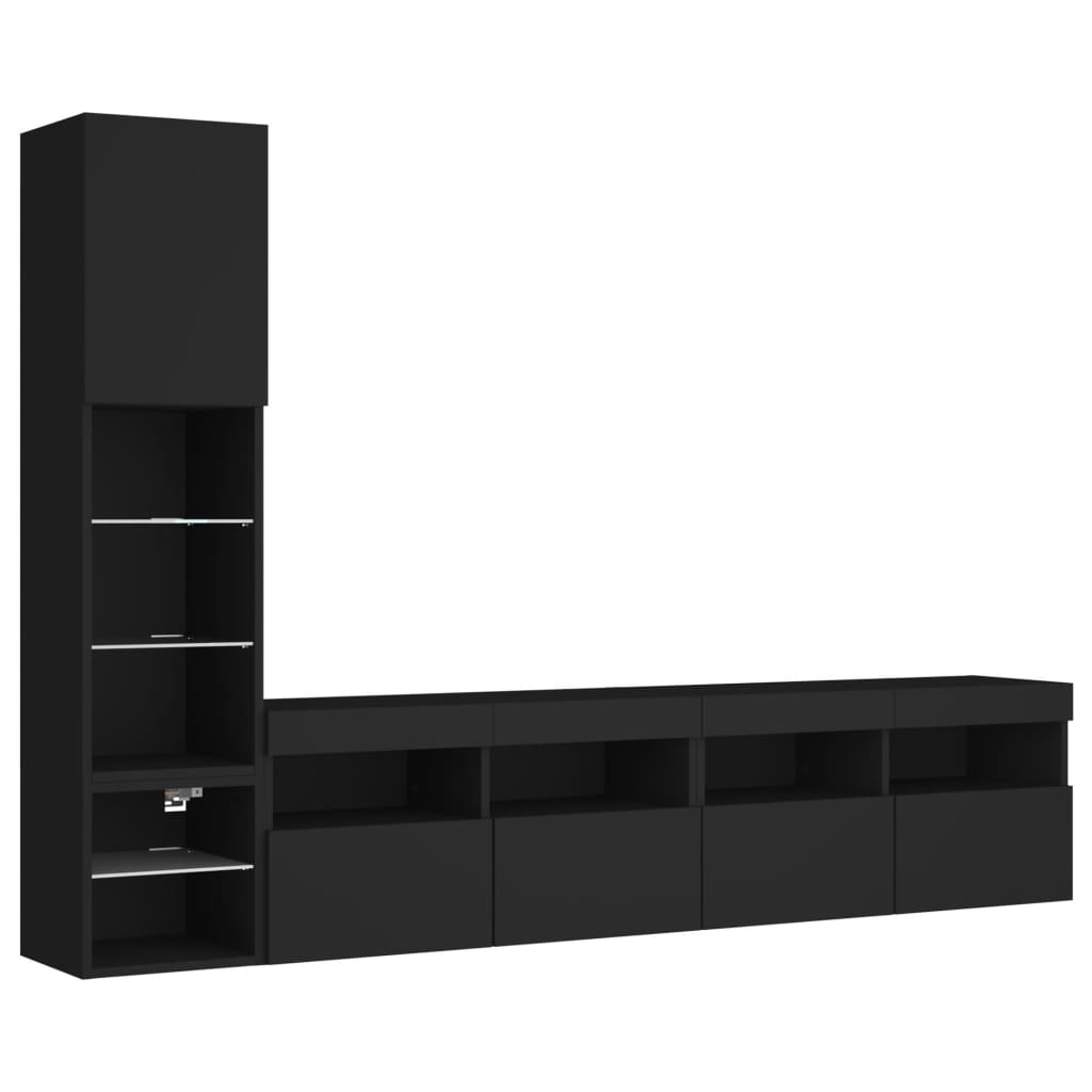 vidaXL Sieninė TV sekcija su LED, 4 dalių, juoda, apdirbta mediena