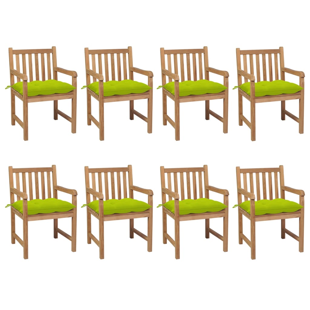 vidaXL Sodo kėdės su šviesiai žaliomis pagalvėlėmis, 8vnt., tikmedis