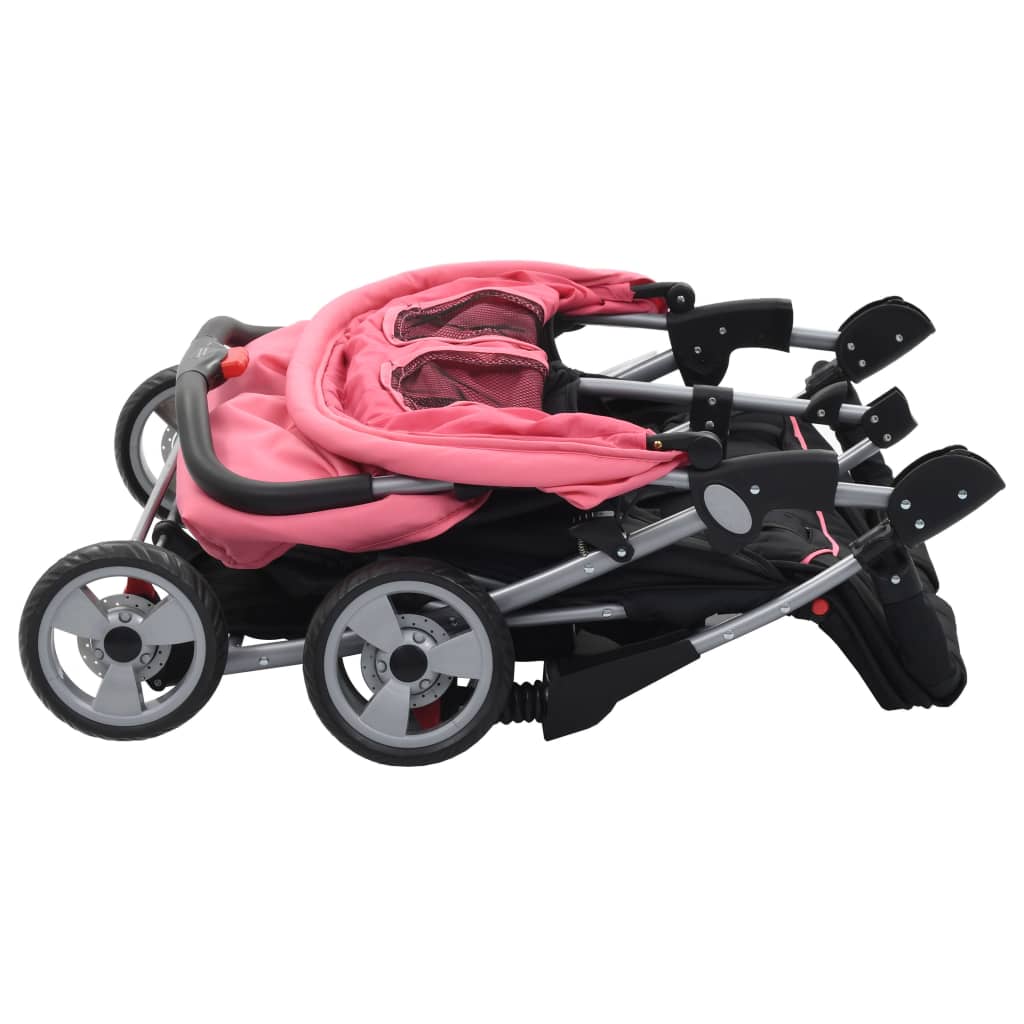 vidaXL Vaikiškas vežimėlis dvynukams, rožinės ir juodos spal., plienas