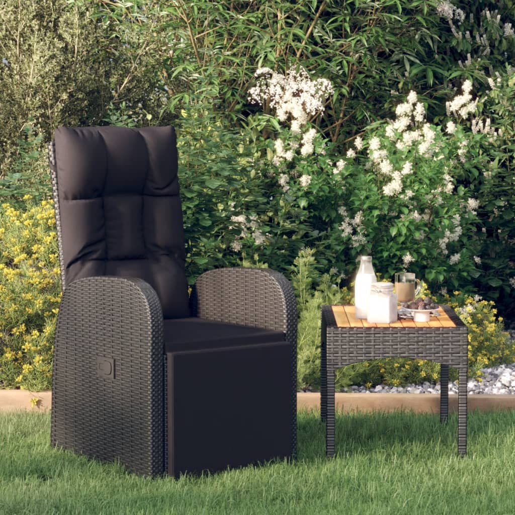 vidaXL Atlošiama sodo kėdė su pagalvėle, juodos spalvos, poliratanas