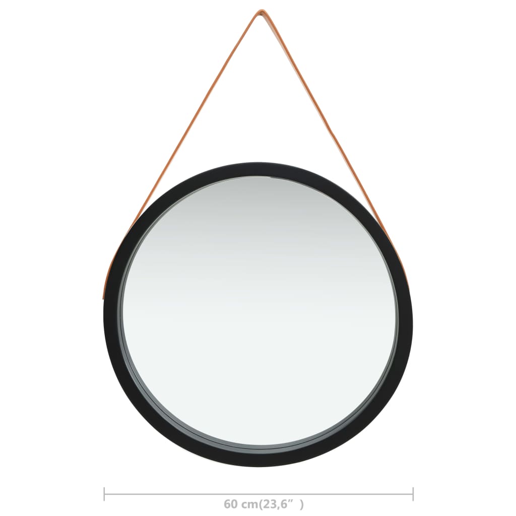 vidaXL Sieninis veidrodis su dirželiu, juodos spalvos, 60cm