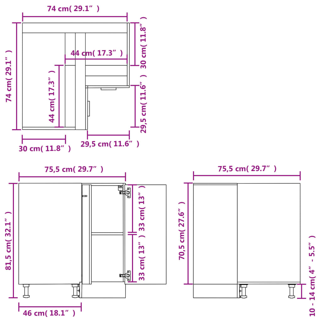 vidaXL Apatinė kampinė spintelė, balta, 75,5x75,5x81,5cm, MDP, blizgi