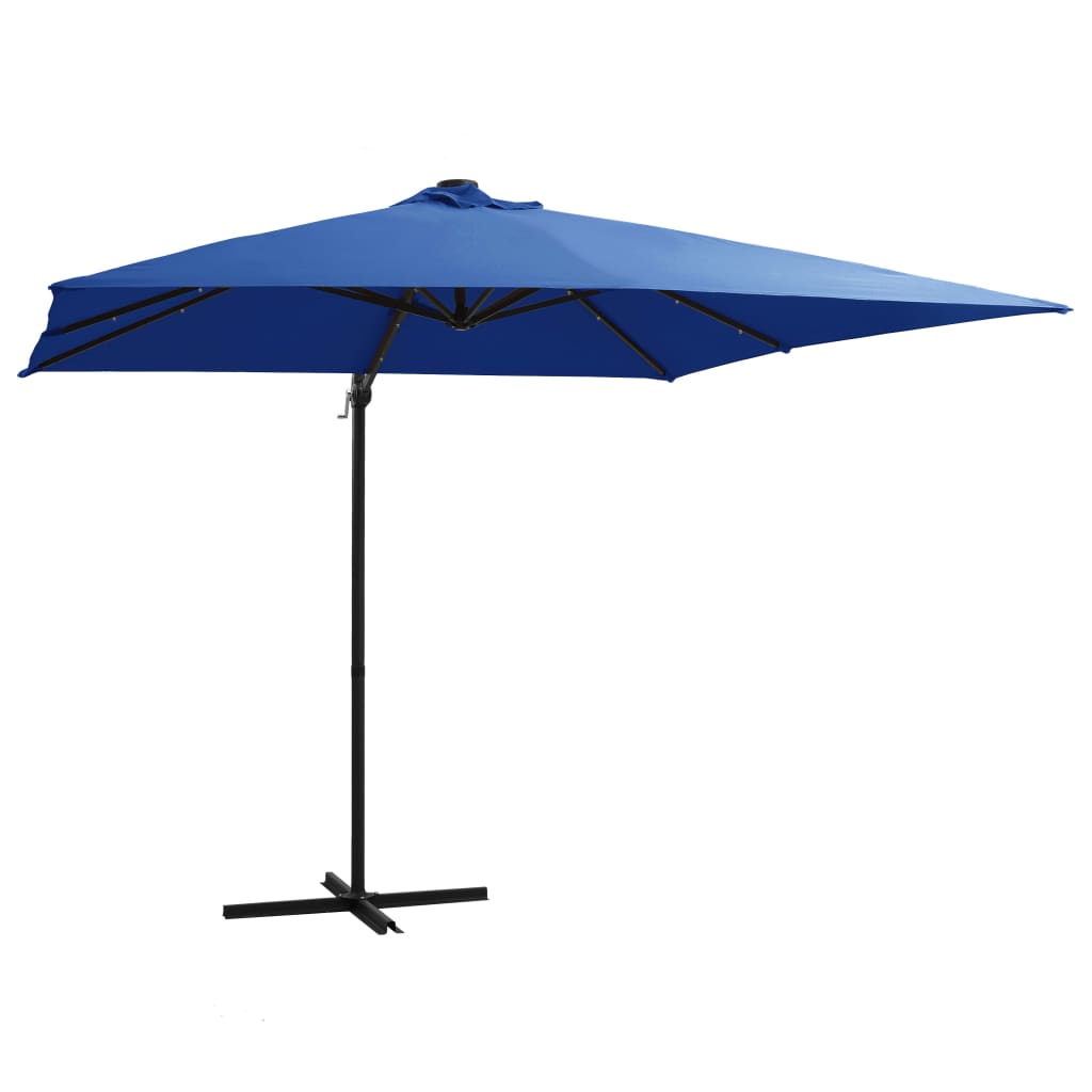 vidaXL Gembinis skėtis su LED/plieniniu stulpu, mėlynas, 250x250cm