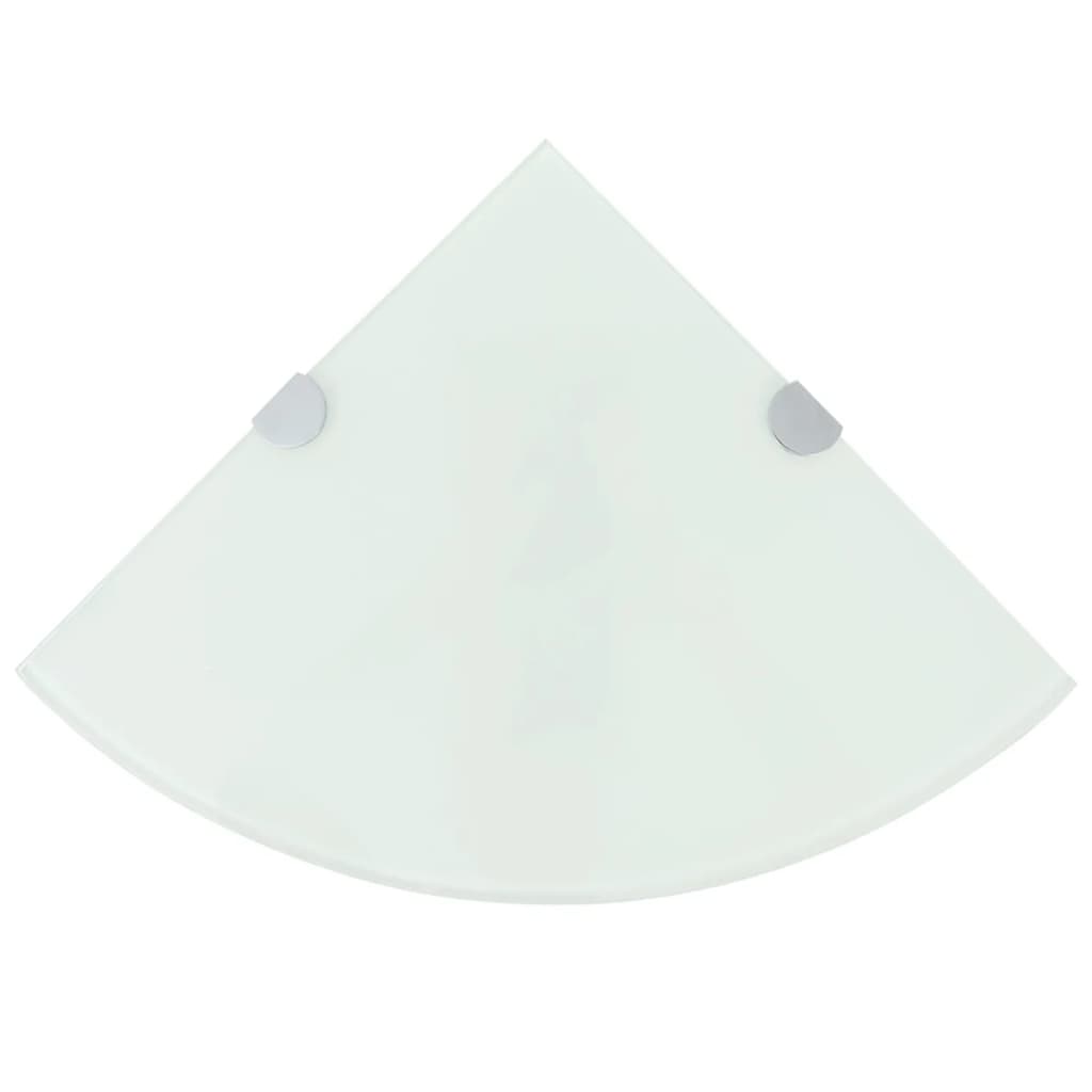 vidaXL Kampinė lentyna su chromo laikikliais, baltas stiklas 35x35 cm