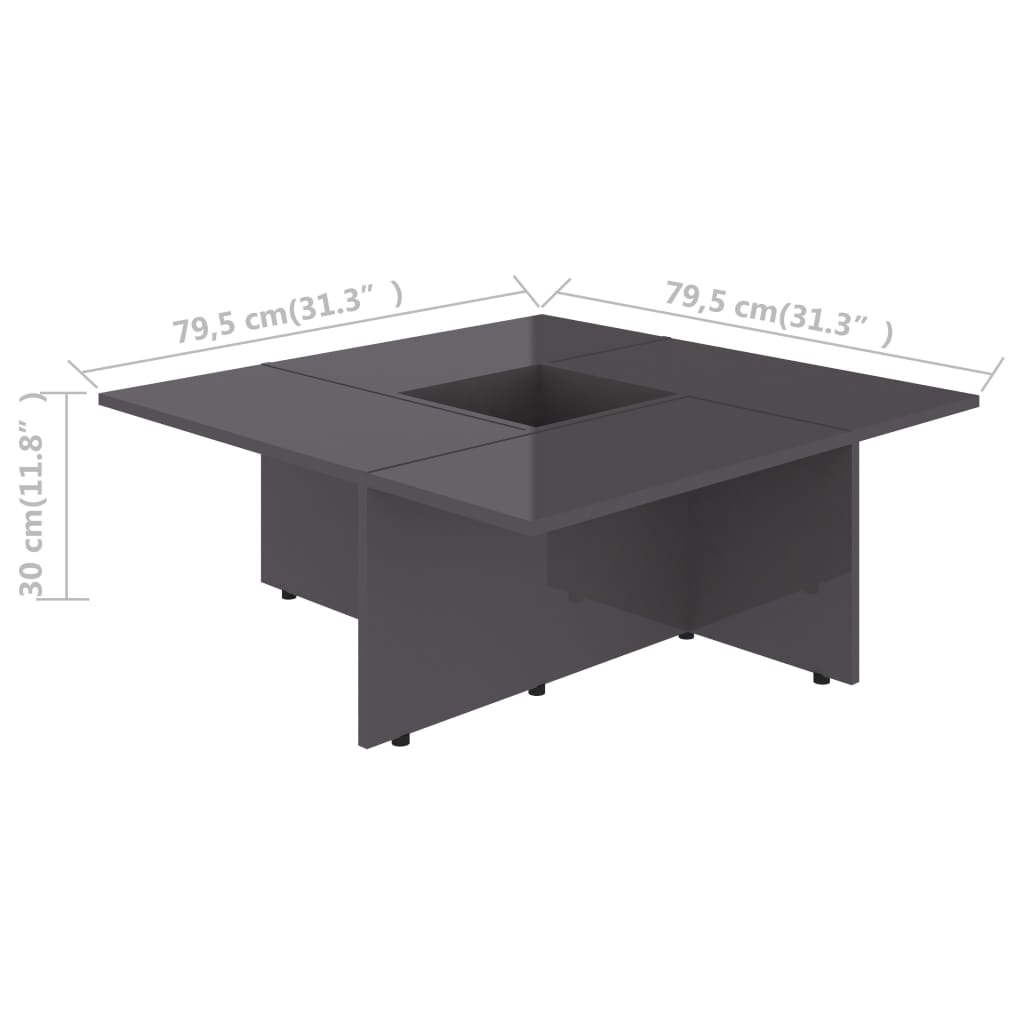 vidaXL Kavos staliukas, pilkas, 79,5x79,5x30cm, MDP, ypač blizgus