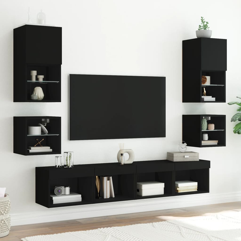 vidaXL Sieninė TV sekcija su LED, 8 dalių, juoda, apdirbta mediena
