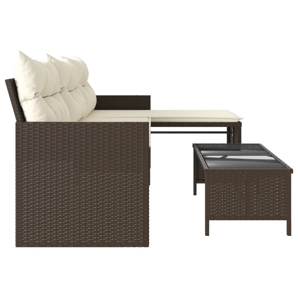 vidaXL Sodo sofa su stalu/pagalvėlėmis, ruda, poliratanas, L formos