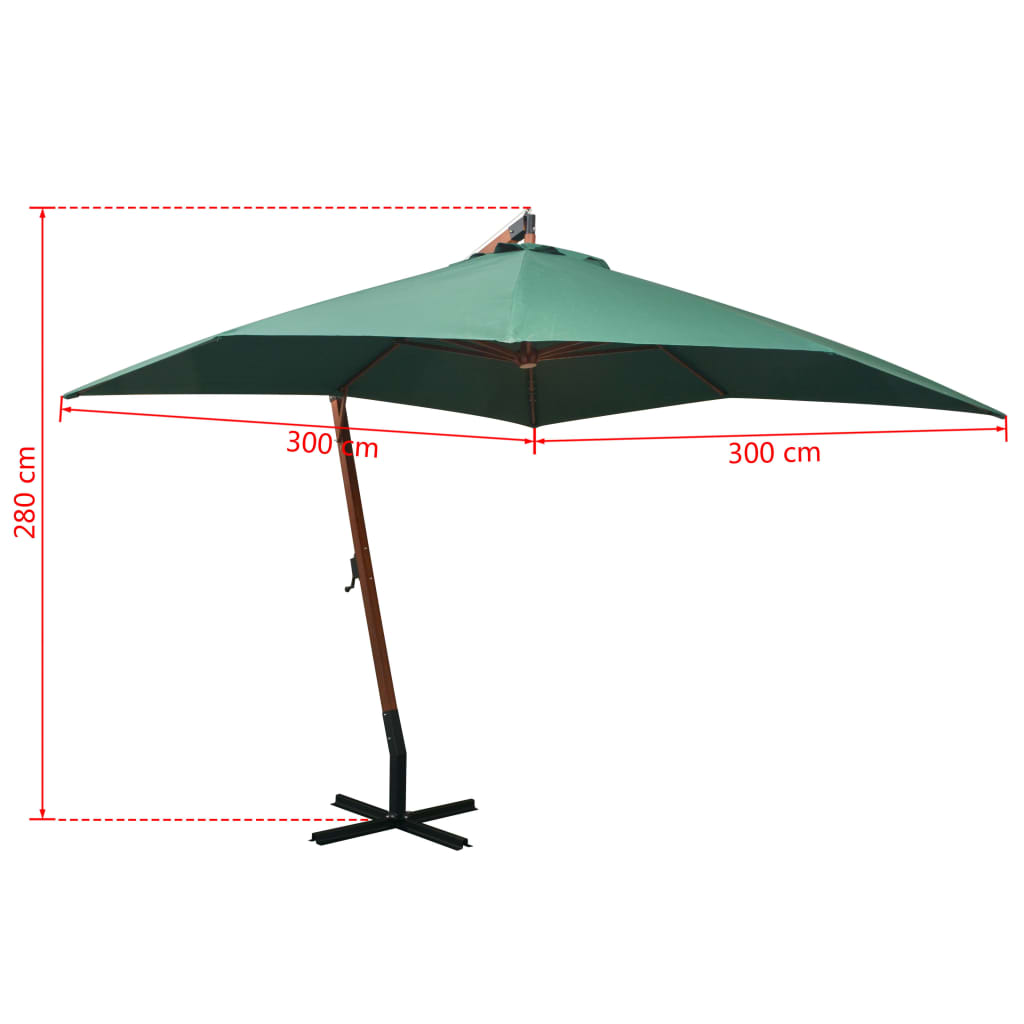 vidaXL Pakabinamas skėtis nuo saulės, 300x300cm, medin. kotas, žalias