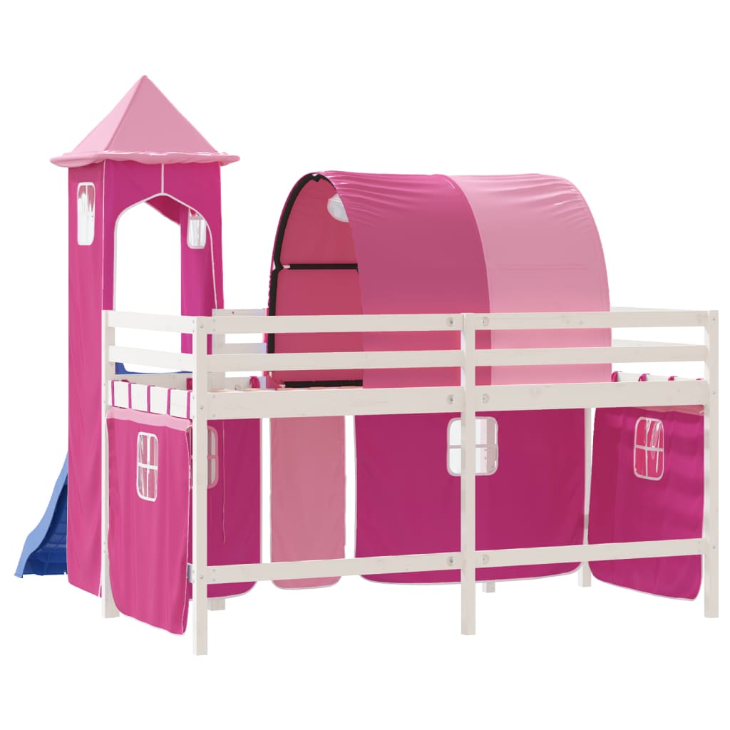 vidaXL Aukšta vaikiška lova su bokštu, rožinė, 80x200cm, pušis
