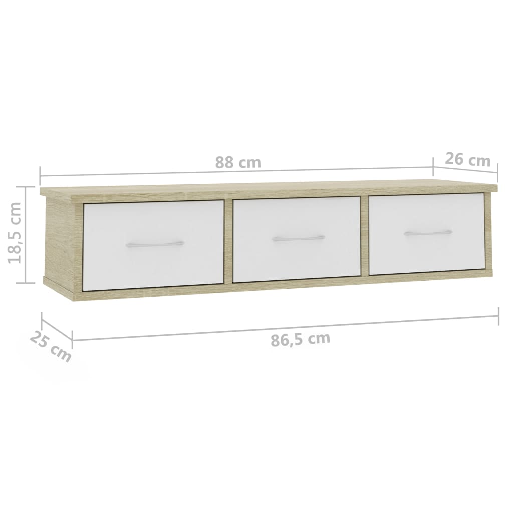 vidaXL Lentyna su stalčiais, balta/ąžuolo, 88x26x18,5cm, MDP