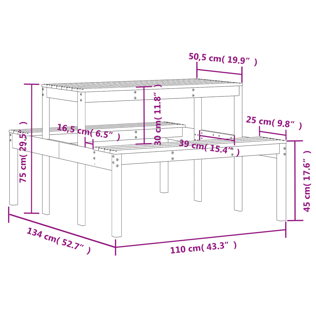 vidaXL Iškylų stalas, baltas, 110x134x75cm, pušies medienos masyvas
