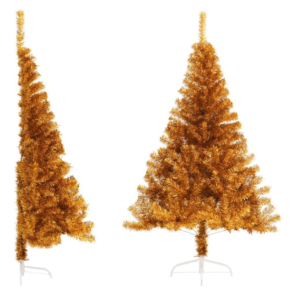 vidaXL Dirbtinė pusinė Kalėdų eglutė su stovu, auksinė, 120cm, PET