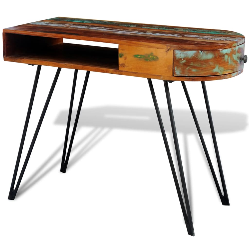 Rašomojo stalas, perdirbtos medienos masyvas su geležinėmis kojelėmis