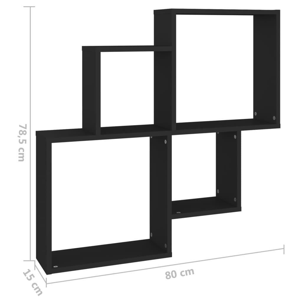 vidaXL Sieninė lentyna, juoda, 80x15x78,5cm, MDP, kubo formos