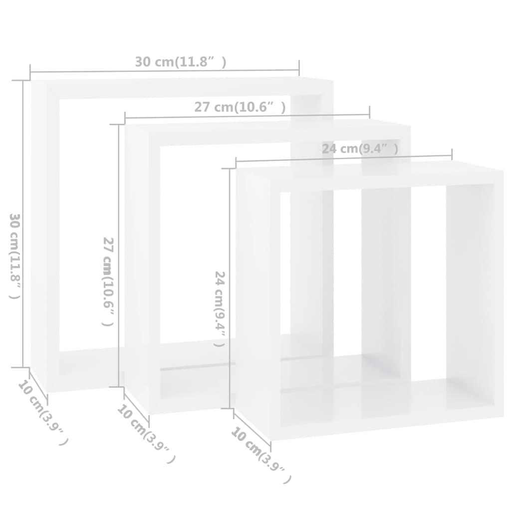 vidaXL Sieninės lentynos, 3vnt., baltos spalvos, MDF, kubo formos