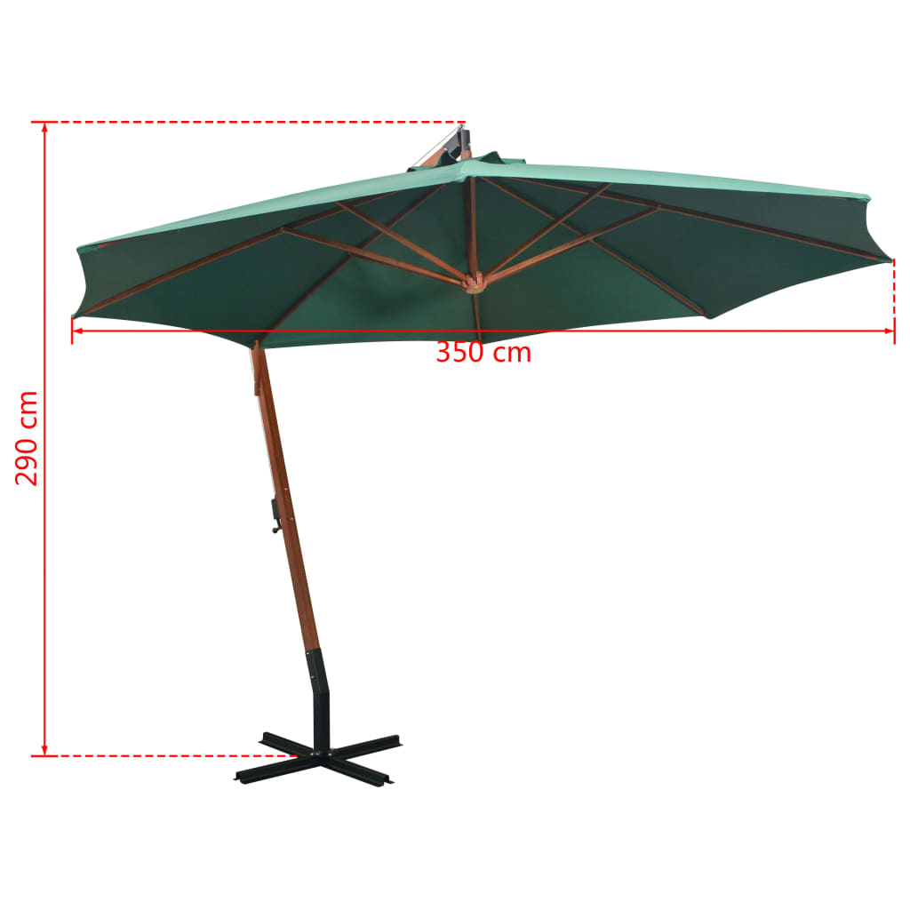 vidaXL Pakabinamas skėtis nuo saulės, 350cm, medinis kotas, žalias