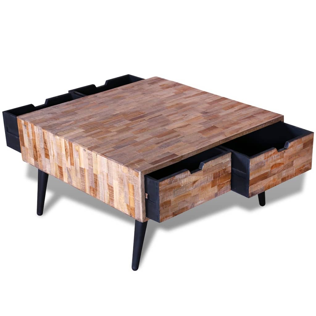 vidaXL Kavos staliukas su 4 stalčiukais, perdirbta tikmedžio mediena