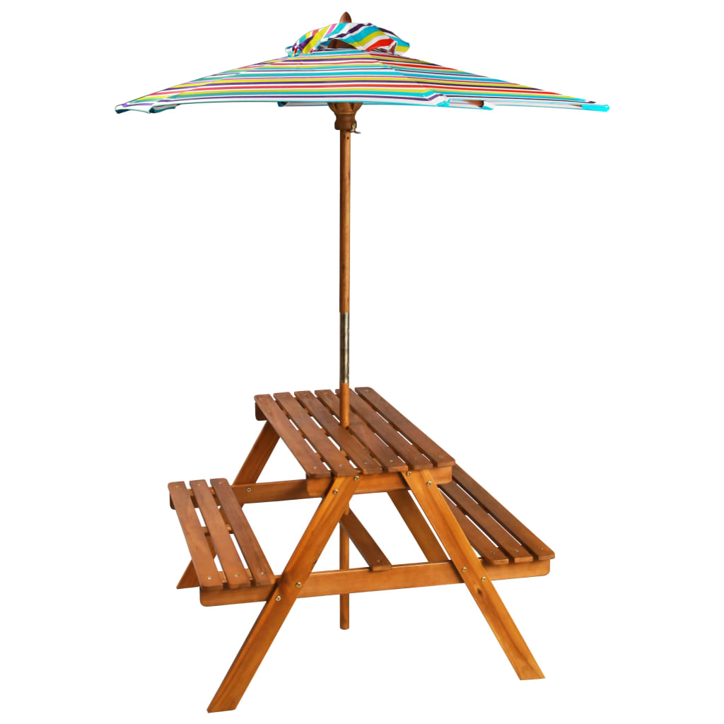 vidaXL Iškylos stalas vaikams su skėčiu, 79x90x60cm, akac. med. mas.