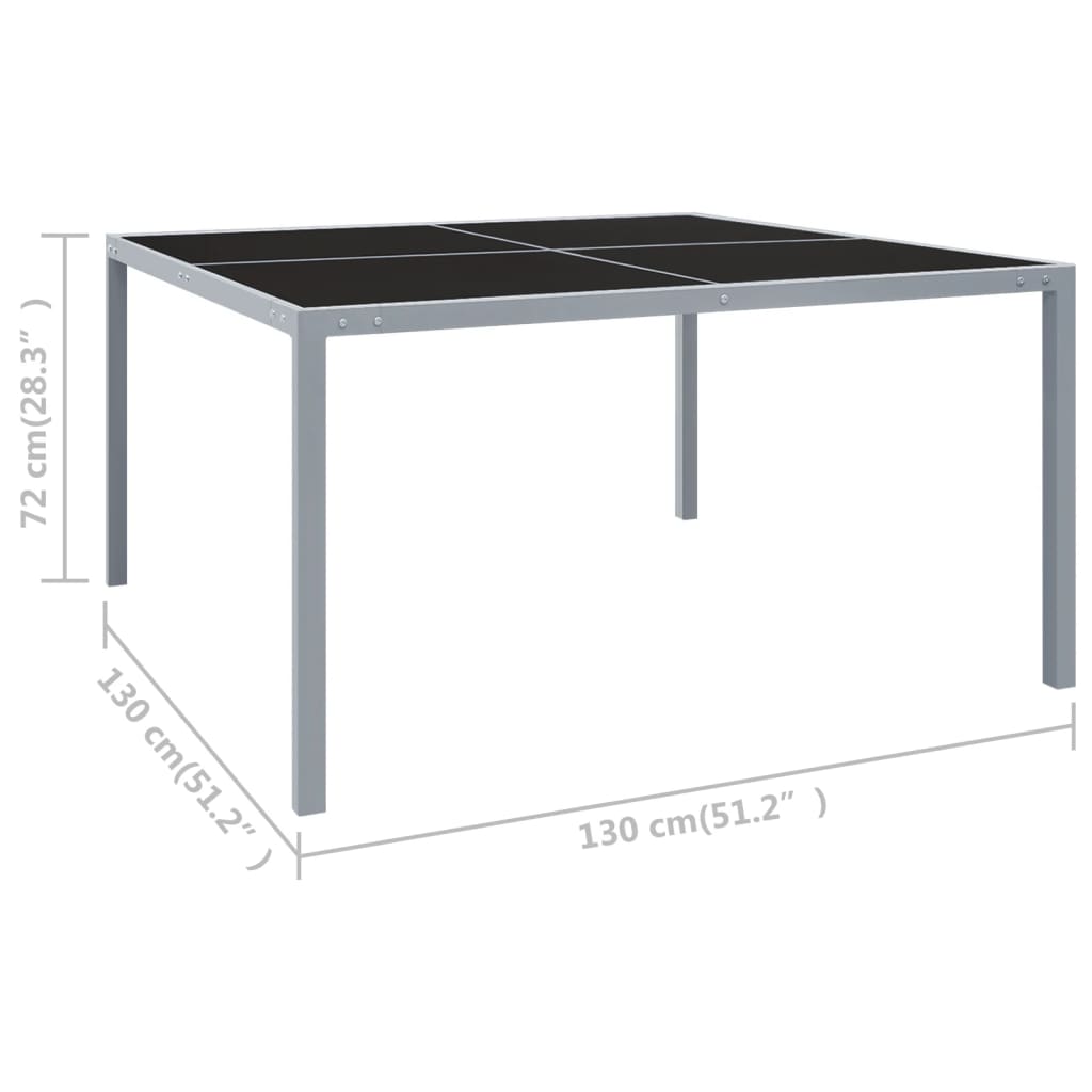 vidaXL Sodo stalas, pilkos spalvos, 130x130x72cm, plienas ir stiklas