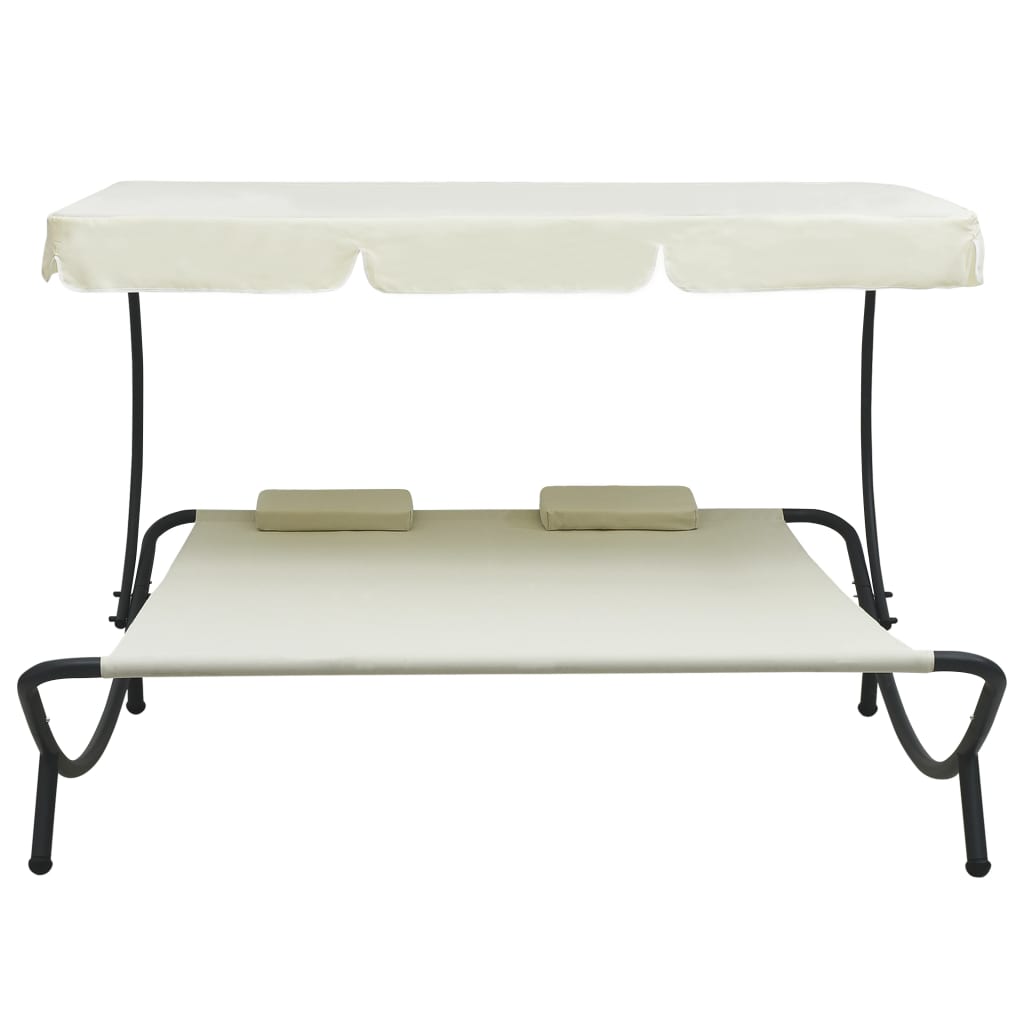 vidaXL Lauko gultas su stogeliu ir pagalvėmis, kreminė balta spalva