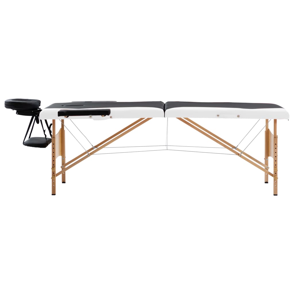 vidaXL Sulankstomas masažo stalas, juodas ir baltas, mediena, 2 zonų