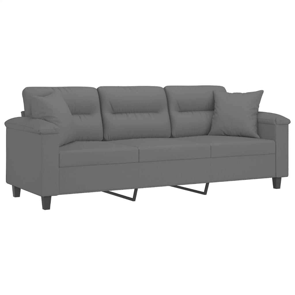 vidaXL Trivietė sofa su pagalvėmis, pilka, 180cm, mikropluošto audinys