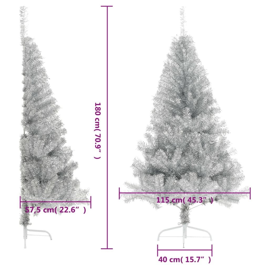 vidaXL Dirbtinė pusinė Kalėdų eglutė su stovu, sidabrinė, 180cm, PET