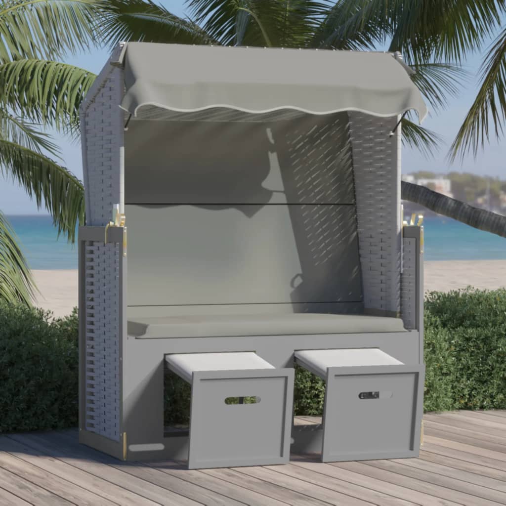 vidaXL Paplūdimio kėdė su stogeliu, pilka, poliratanas ir mediena