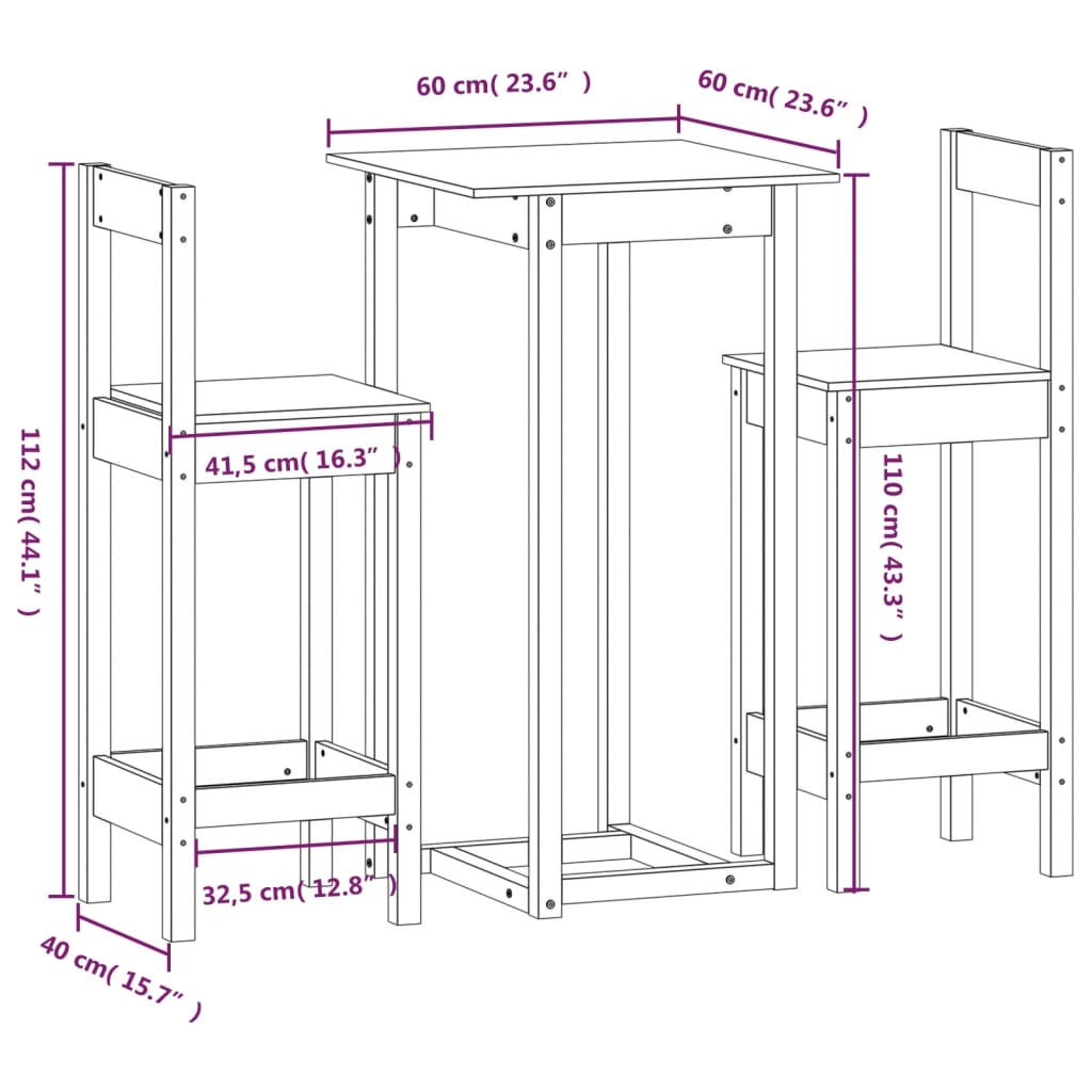 vidaXL Baro baldų komplektas, 3 dalių, pušies medienos masyvas