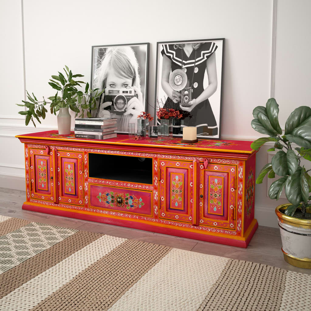 vidaXL TV staliukas, masyvi mango mediena, rožinė sp., rankomis dažyta
