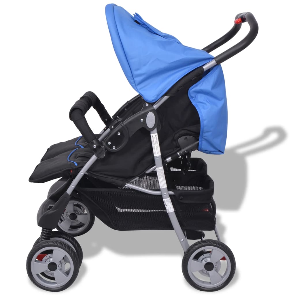 vidaXL Vaikiškas vežimėlis dvynukams, mėlynas ir juodas, plienas