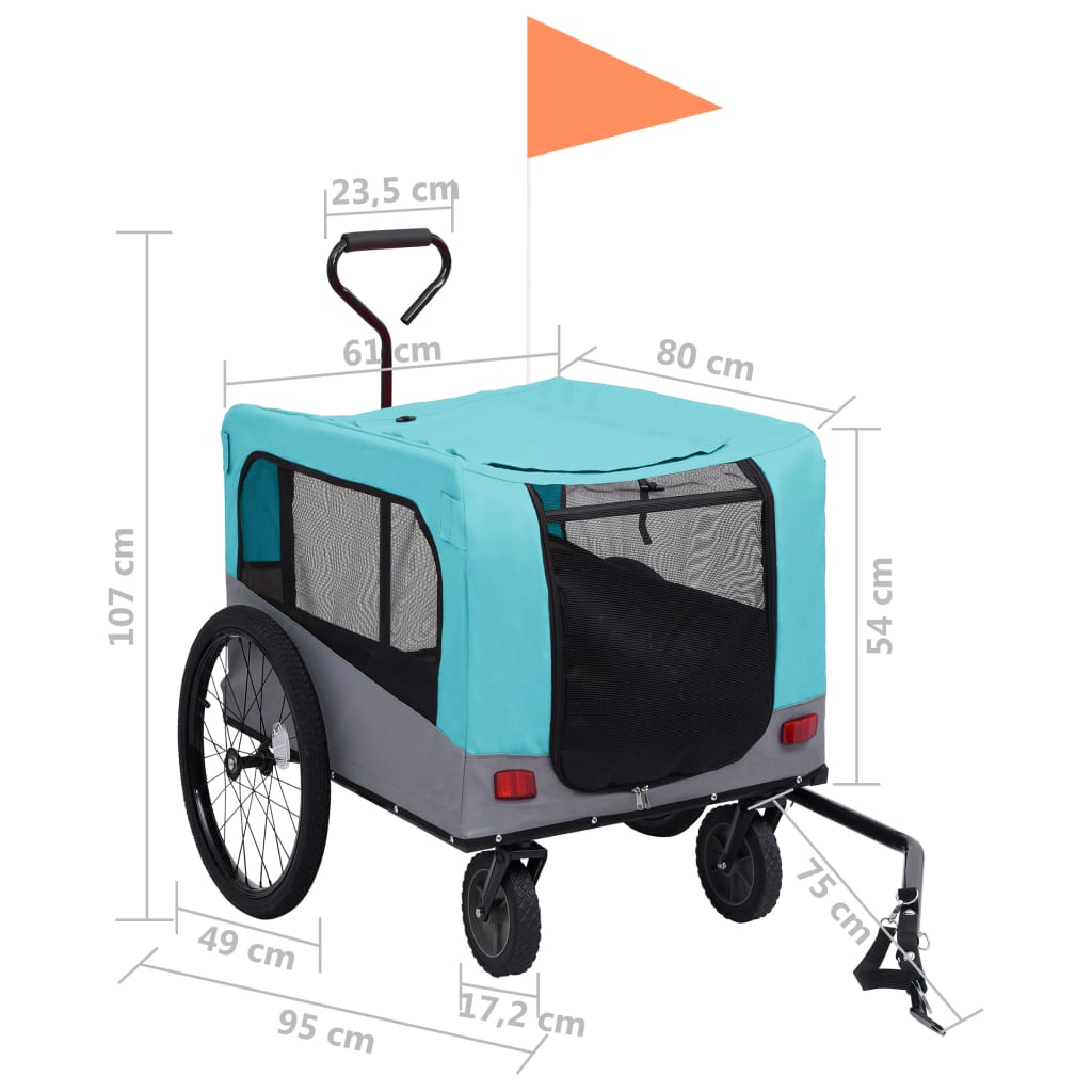 vidaXL 2-1 Dviračio priekaba/vežimėlis augintiniams, mėlyna/pilka