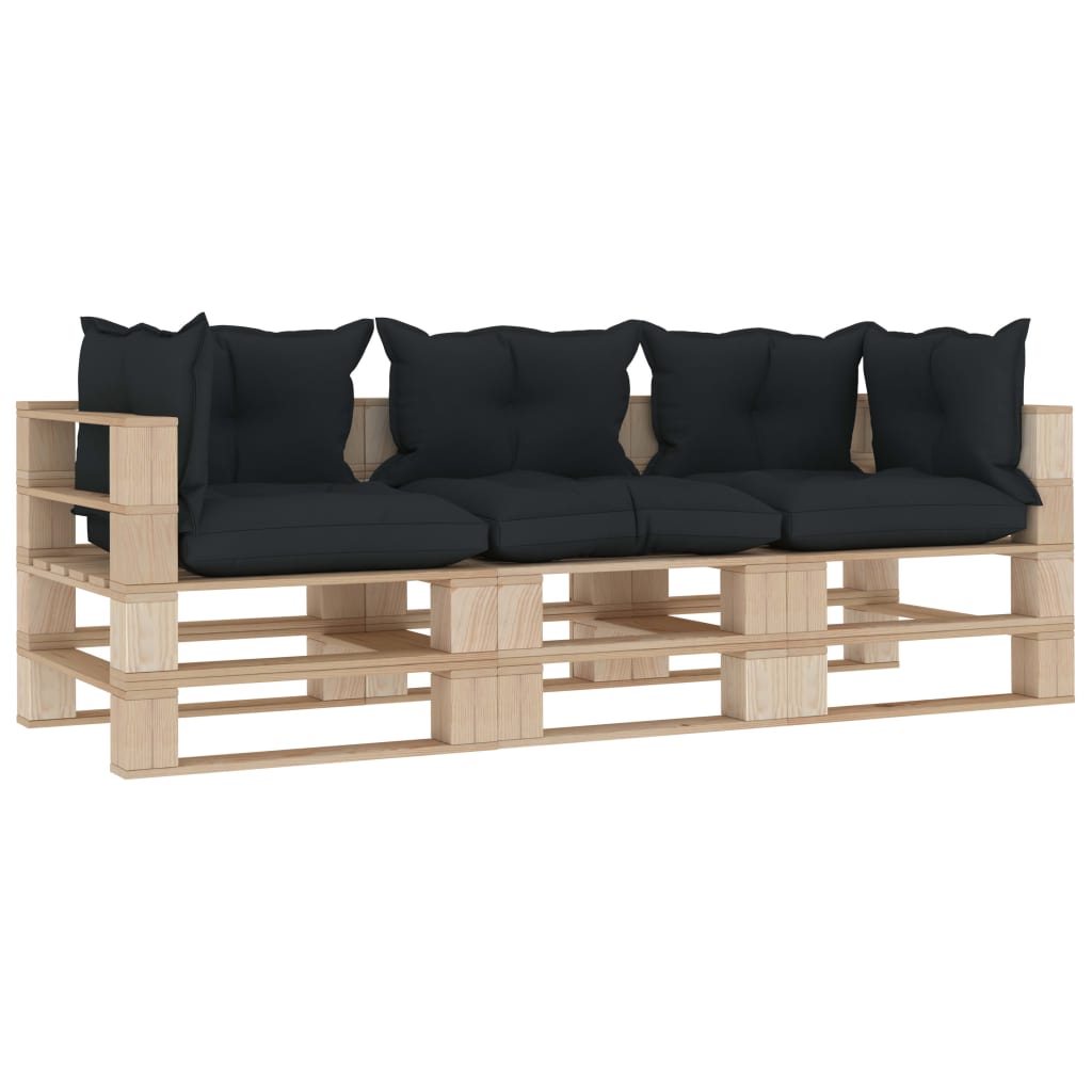 vidaXL Trivietė sodo sofa iš palečių su antracito pagalvėmis, mediena